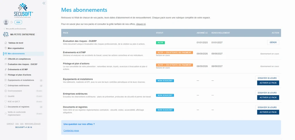 Écran « Mes abonnements » de SECUSOFT : la liste des packs du compte, avec leur statut, leurs dates d'abonnement et de renouvellement, et les boutons pour essayer ou activer un pack.